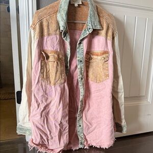 Colorblock Denim Jacket with Frayed Hem